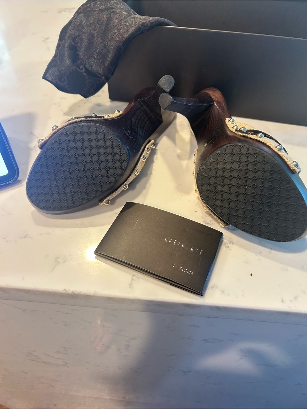 Gucci Beige Canvas Horsebit Studded Mule Heels - Picture 2 of 6
